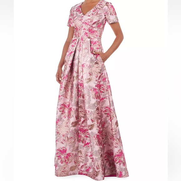 Kay Unger Rochelle Metallic Floral-Jacquard Gown Size 4 Azalea - Picture 2 of 5